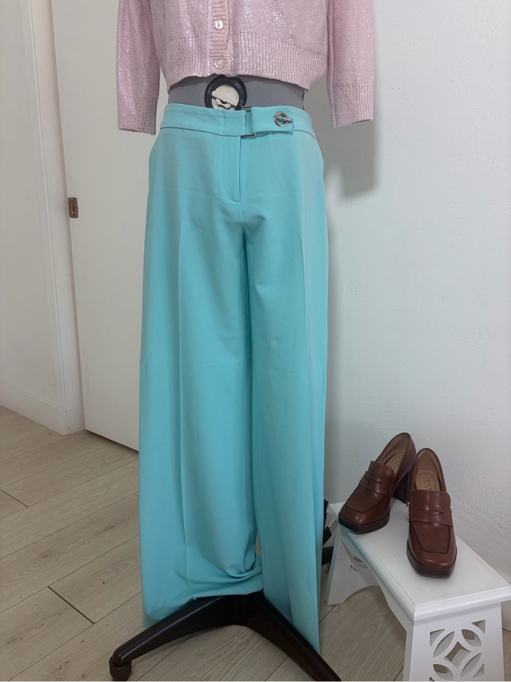 Vintage Y2K Caché Turquoise Wide-Leg Belted Pants Size 4